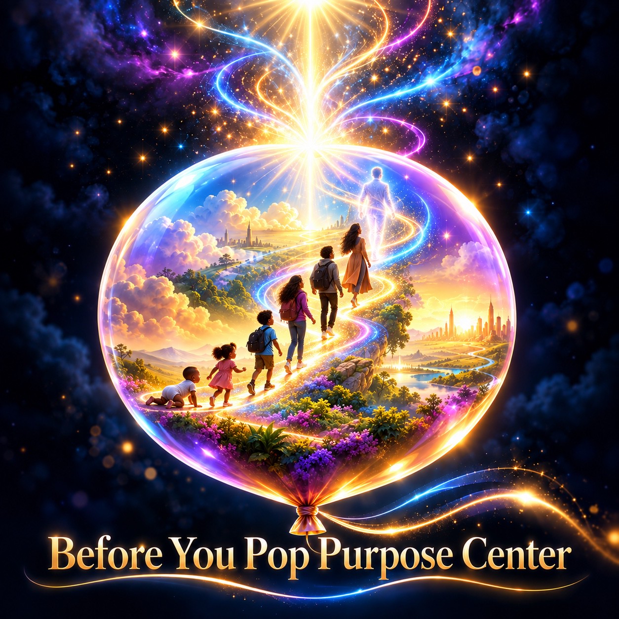 A radiant balloon depicting life from infancy to adulthood beneath a bright, star-filled sky